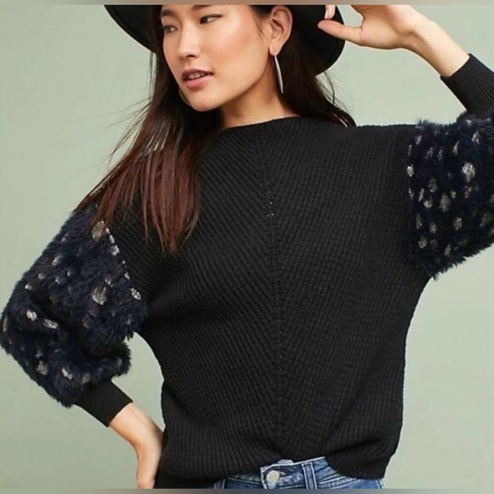 UEC ANTHROPOLOGIE KNITTED & KNOTTED BLACK MOCK SWEATER FUZZY BALLOON SLEEVES M